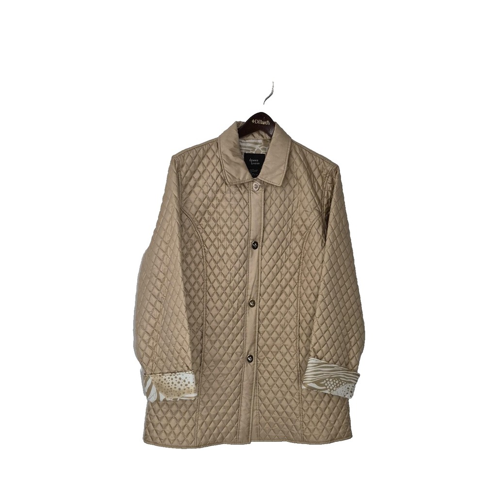 Dennis Basso Jacket Womens Small Beige Silk Quilted Animal Print Lined Coat